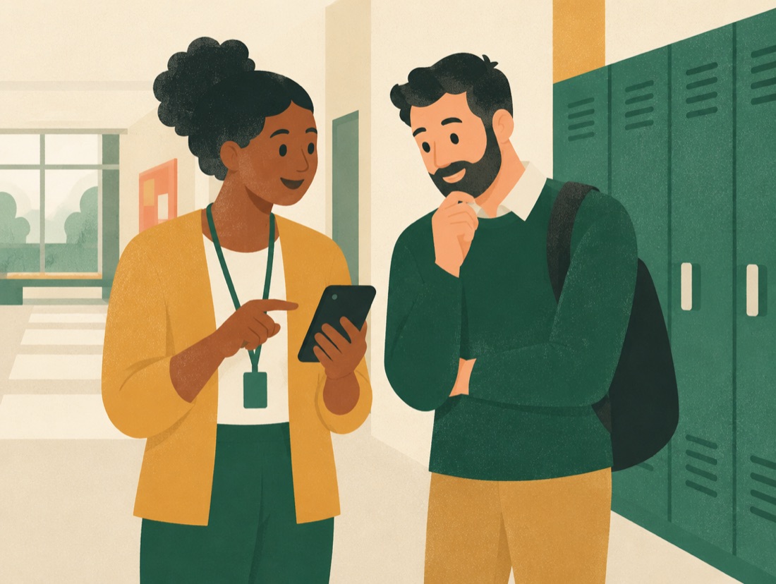 Two teachers in a school hallway looking at a phone together